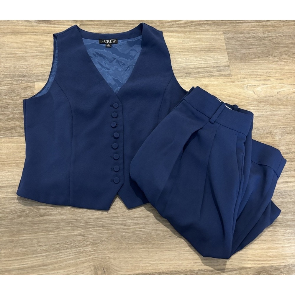Womens J.Crew Navy Vest Button & Pant Suit Set Stretch Size 4 Office Classic
